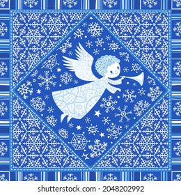Christmas angel with trumpet, snowflakes, stars. Seamless Winter holidays patchwork background. Vector illustration.