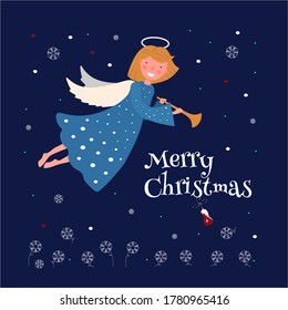 Christmas angel with a trumpet and the text Merry Christmas.