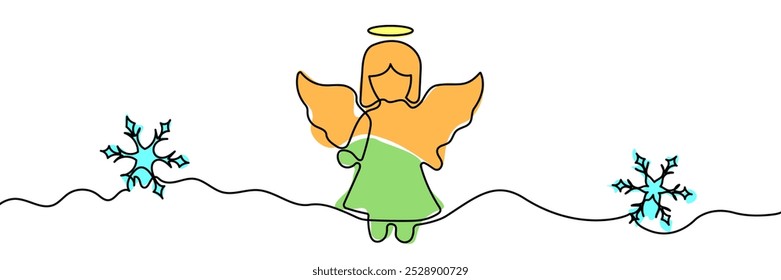 Ángel de Navidad con alas, dibujo continuo de una línea, emblema o silueta de una sola línea, Ilustración vectorial abstracta aislada.