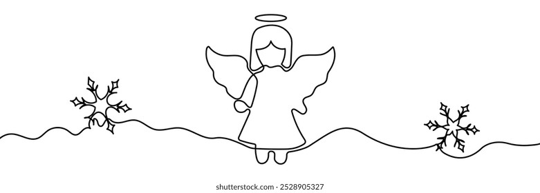 Christmas angel with wings, Continuous one line drawing, emblem or silhouette single line, isolated abstract vector illustration.