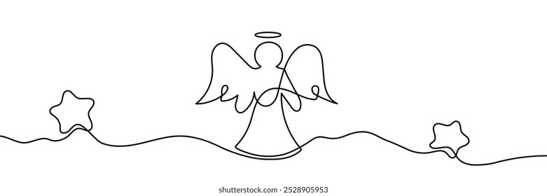 Christmas angel with wings, Continuous one line drawing, emblem or silhouette single line, isolated abstract vector illustration.