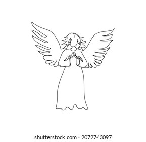 Christmas angel with wings, holy spirit, guardian one line art. Continuous line drawing of christmas traditional decor, statuette, Christmas tree toy.