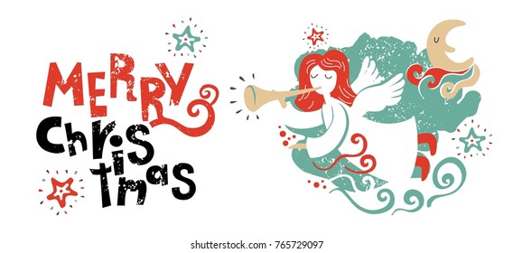 Christmas angel with wings playing the flute. Merry Christmas hand Lettering design. For postcards, posters, banners, website, invitations, leaflets, flyers, calendars. Vector illustration. Eps 10