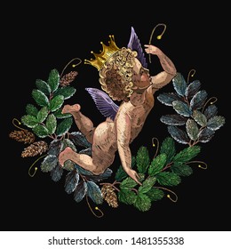 Christmas angel and wreath from fir tree branches, Embroidery xmas festive art. Happy new year. Template for clothes, t-shirt design  