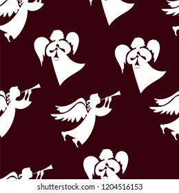 Christmas angels with flutes. Seamless pattern.
 Ornament for gift wrapping paper, fabric, clothes, textile, surface textures, scrapbook. Vector illustration.