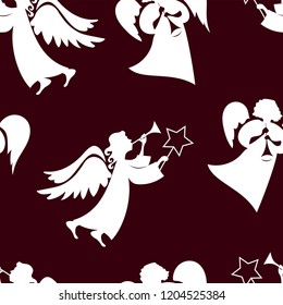 Christmas angels with flutes. Seamless pattern.
 Ornament for gift wrapping paper, fabric, clothes, textile, surface textures, scrapbook. Vector illustration.