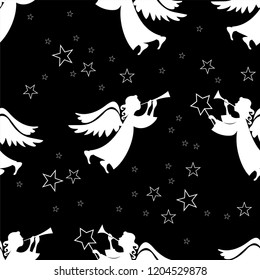 Christmas angels with flutes. Seamless pattern.
 Ornament for gift wrapping paper, fabric, clothes, textile, surface textures, scrapbook. Vector illustration.