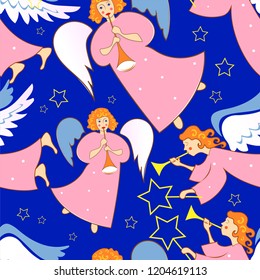 Christmas angels with flutes. Seamless pattern.
 Ornament for gift wrapping paper, fabric, clothes, textile, surface textures, scrapbook. Vector illustration.