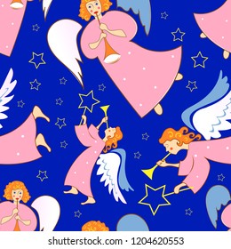 Christmas angels with flutes. Seamless pattern.
 Ornament for gift wrapping paper, fabric, clothes, textile, surface textures, scrapbook. Vector illustration.