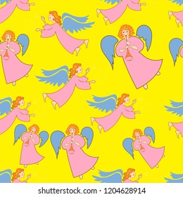 Christmas angels with flutes. Seamless pattern.
 Ornament for gift wrapping paper, fabric, clothes, textile, surface textures, scrapbook. Vector illustration.