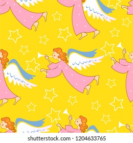Christmas angels with flutes. Seamless pattern.
 Ornament for gift wrapping paper, fabric, clothes, textile, surface textures, scrapbook. Vector illustration.