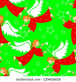 Christmas angels with flutes. Seamless pattern.
 Ornament for gift wrapping paper, fabric, clothes, textile, surface textures, scrapbook. Vector illustration.