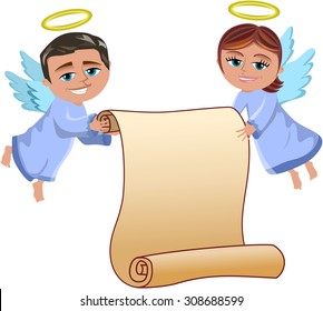 Christmas Angels Flying Holding Blank Parchment