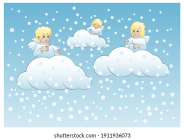 Christmas angels in heaven carve snowflakes