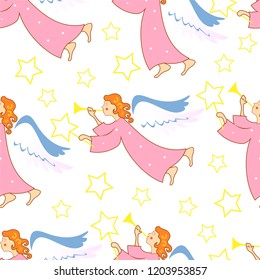 Christmas angels with magic wands and trumpets. Seamless pattern. Festive vector image.
