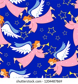 Christmas angels with magic wands and trumpets on a blue background. Seamless pattern. Festive vector image.