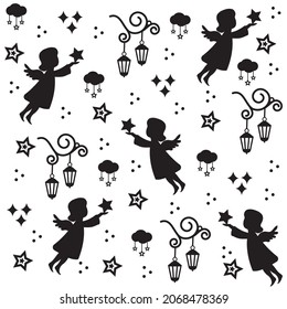 Christmas angels pattern, vector isolated illustration, black stencil