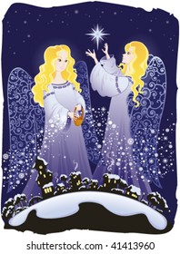 Christmas angels - preparation for holiday on a greeting card
