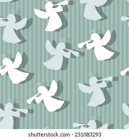 Christmas angels silhouette seamless pattern. Striped background