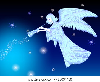 Christmas angels with stars on the background of heaven.