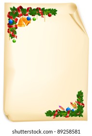 Christmas angle garland with bell, ball and ribbon on old paper roll, vector illustration