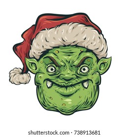 Christmas angry goblin head. Vector illustration.