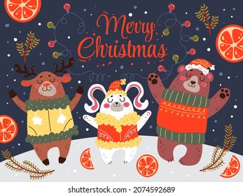 Christmas animal banner poster New Year greeting vector flat illustration
