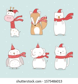 Christmas animal cartoon cute vector character set