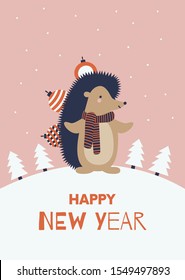 Christmas animal character. Cute hedgehog. Winter season greeting card. Colorful cartoon background. Vector illustration. 