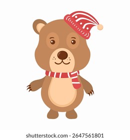 Christmas animal collection. Cartoon forest creatures like fox, bunny and deer with santa hats. Colorful vector background with cute baby animals. Winter card for holiday celebration and fun.


