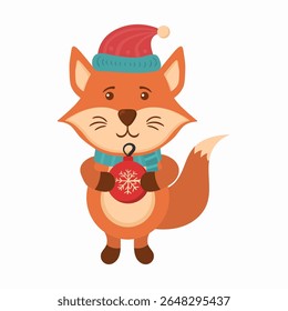 Christmas animal collection. Cartoon forest creatures like fox, bunny and deer with santa hats. Colorful vector background with cute baby animals. Winter card for holiday celebration and fun.

