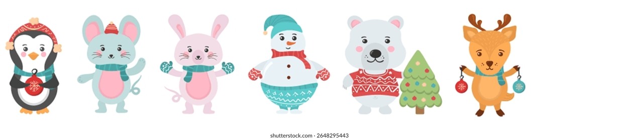 Christmas animal collection. Cartoon forest creatures like fox, bunny and deer with santa hats. Colorful vector background with cute baby animals. Winter card for holiday celebration and fun.

