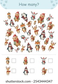 Christmas animal counting game for kids; fun preschool activity to count and write animals for festive learning and engagement.