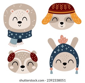 Christmas animal faces clipart. Winter animal heads clip art with cute raccoon, lion, rabbit in cartoon flat style.
