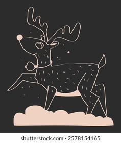 Christmas Animal Hand Drawn, Vector Deer In Outline, Linear Deer, Reindeer in Outline, Christmas Doe or Reindeer