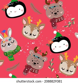 Christmas animal heads in doodle style seamless pattern on a red background. Deer, bunny, penguin and bear. Vector illustration