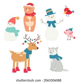 Christmas animal. New year cute cartoon animals - bear, deer, moose, wolf, dog, bird, snowman. Winter holiday. Forest caracters in scarves and hats. Stock vector illustration.