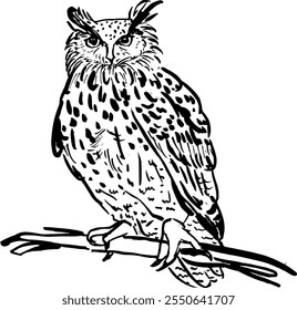 Christmas animal owl.Hand drawn ink vector illustration.