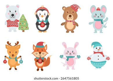 Christmas animal set. Cute santa claus with dog cat bear and bunny in costume. Winter forest background with deer, fox and rabbit. Holiday card design for kids with funny cartoon characters.

