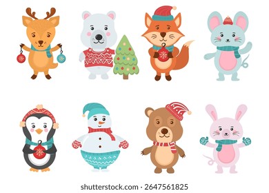 Christmas animal set. Cute santa claus with dog cat bear and bunny in costume. Winter forest background with deer, fox and rabbit. Holiday card design for kids with funny cartoon characters.

