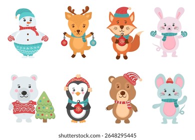 Christmas animal set. Cute santa claus with dog cat bear and bunny in costume. Winter forest background with deer, fox and rabbit. Holiday card design for kids with funny cartoon characters.

