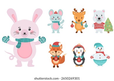 Christmas animal set. Cute santa claus with dog cat bear and bunny in costume. Winter forest background with deer, fox and rabbit. Holiday card design for kids with funny cartoon characters.

