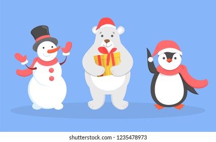 Christmas animal set with snowman. Winter holiday with happy character in red hat and scarf. Collection of greeting card element. Penguin and white bear.