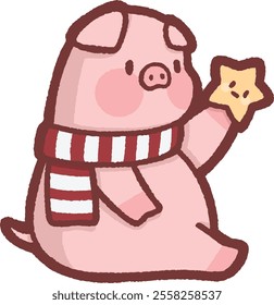 Christmas animal sitting and holding star - pig