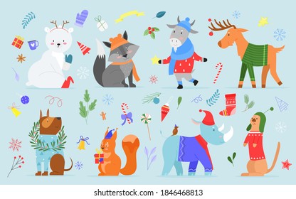 Christmas animal vector illustration set. Cartoon cute hand drawn zoo collection with funny animal characters enjoy xmas holidays, dressed in winter costumes or accessories, sweater, hat and scarf