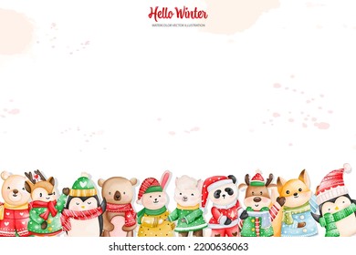 Christmas animals background, Watercolor Winter animals, Watercolor illustration
