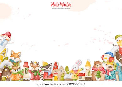 Christmas animals background, Watercolor Winter animals