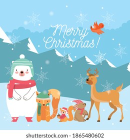animales de navidad entre el paisaje invernal. tarjeta de navidad
