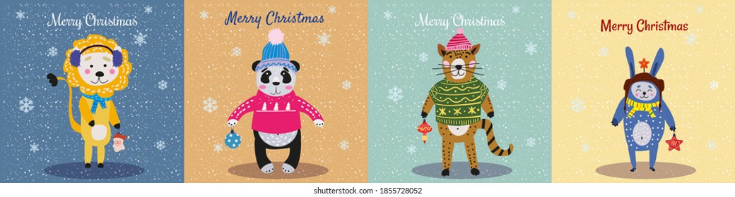 Christmas Animals Card Set cute cat, lion, pand, rabbit. Hand drawn collection characters illustration vector isolated