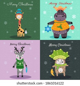 Christmas Animals Card Set cute hippo, hedgehog, deer, giraffe. Hand drawn collection characters illustration vector isolated